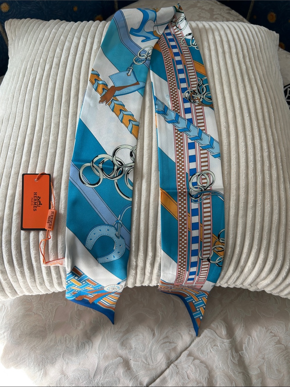 Blue & White Silk Double Sided Twilly or Scarf.